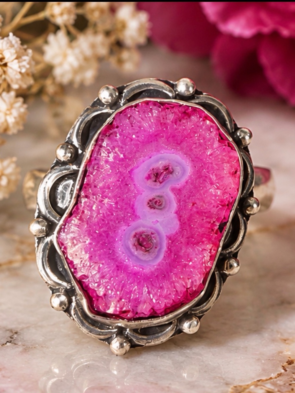 Pink Druzy Statement Ring - 925 Sterling Silver plated Style